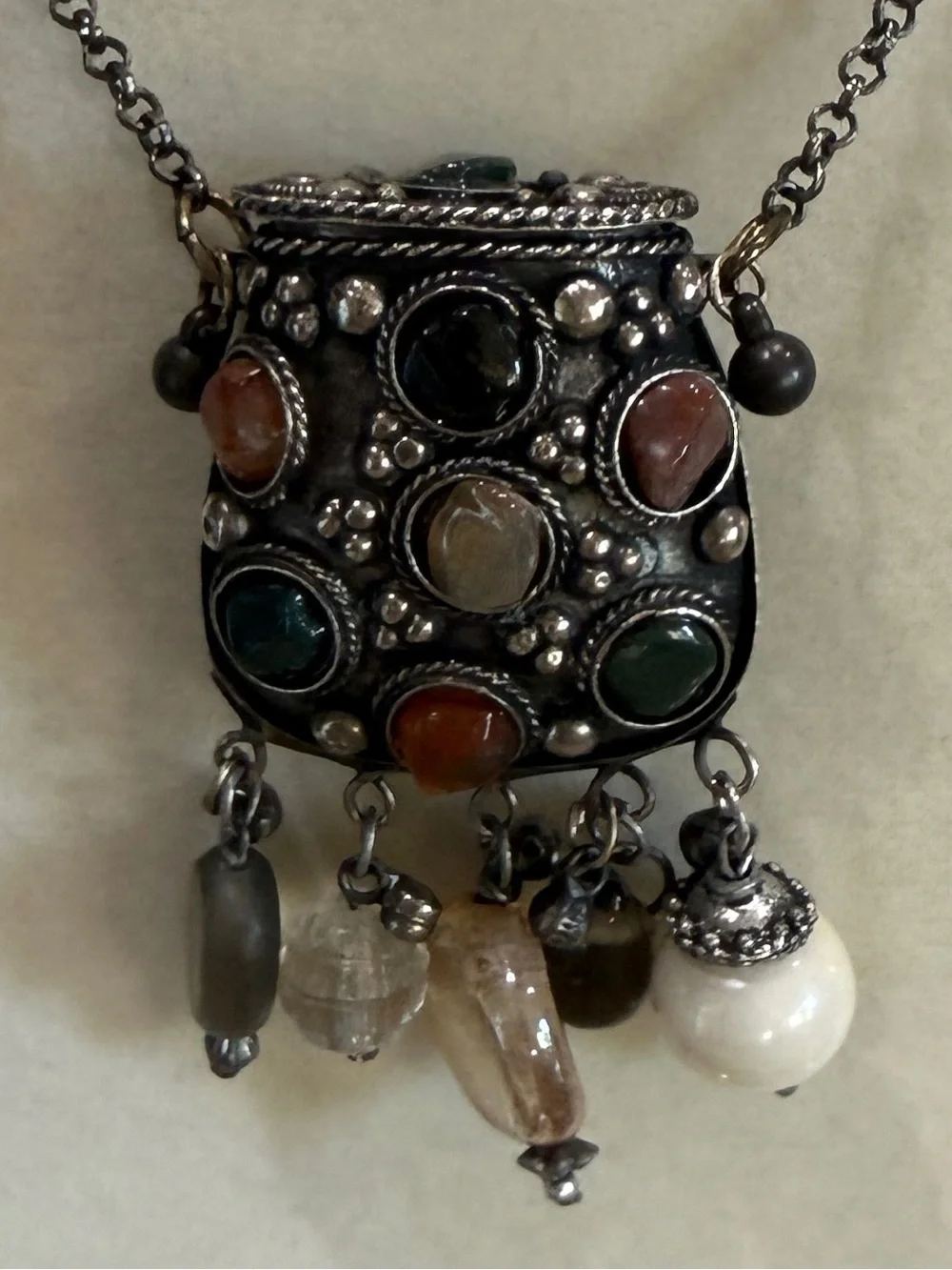Bohemian Silver Tone Multistone Coin/Prayer Box/Amulet Pendant Necklace 36”